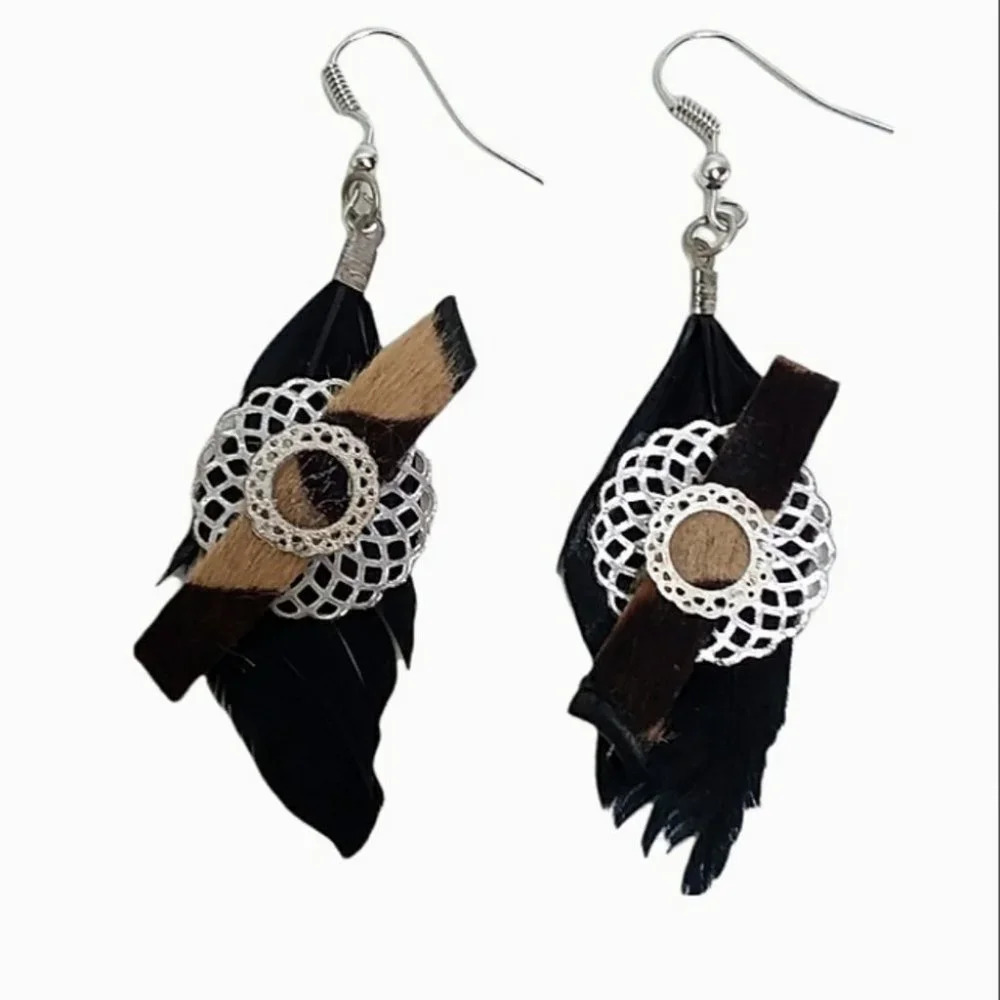 Handmade Feather Leather Silver Medallion Earrings - Picture 1 of 2